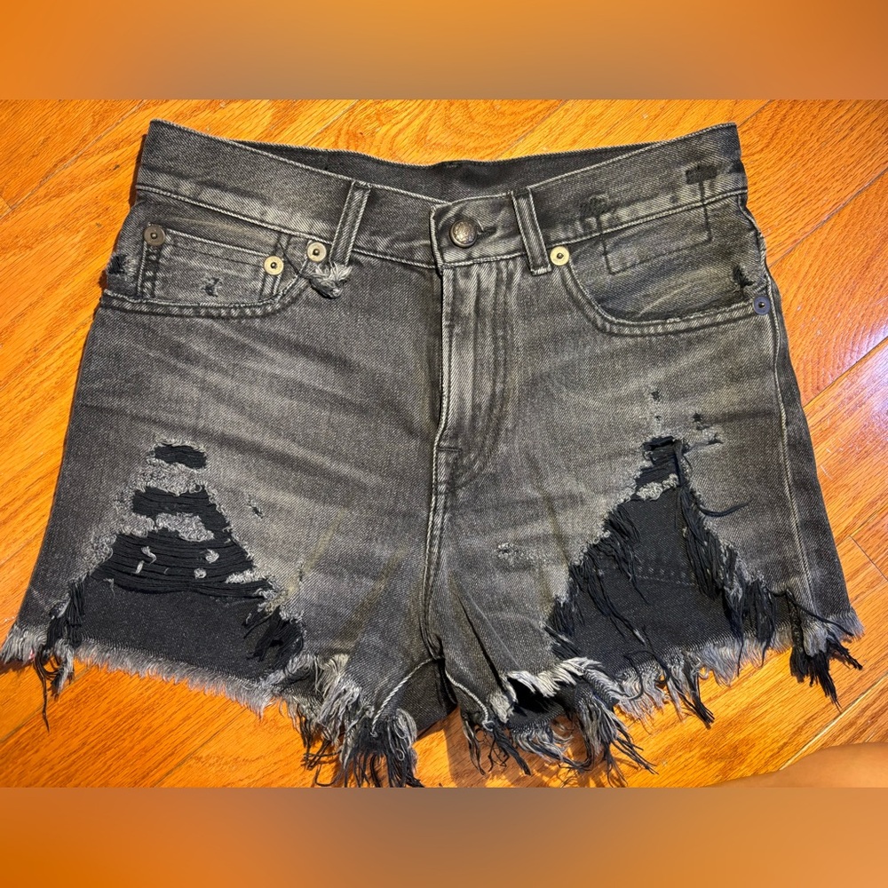 R 13 Black Distressed Jean Shorts